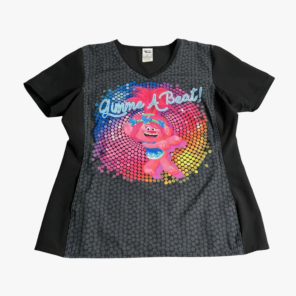 DreamWorks Trolls Scrub Top Women Medium Black Poppy Gimme A Beat Fitted Stretch